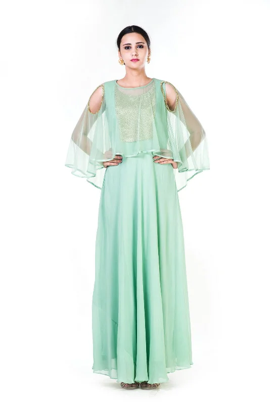 Act Now Green Sequin Work Cold Shoulder Cape Style Gown
