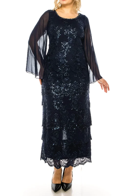 Price Break Maya Brooke 28407MV - Floral Sequined Sheer Long Sleeved Tiered Dress