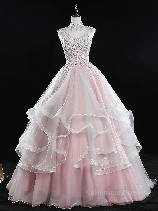 Mega Deal Pink high neck tulle lace long Corset Prom dress, pink sweet 16 dress outfit Mega Deal Pink high neck tulle lace long Corset Prom dress, pink sweet 16 dress outfit