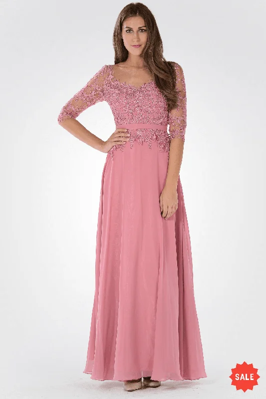 Limited Availability Long Dress with Illusion Lace Sleeves by Poly USA 7598