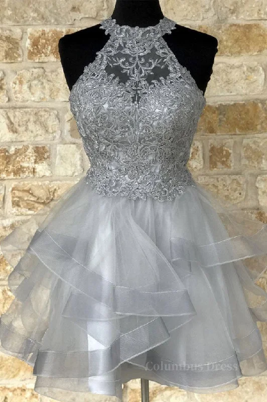 Exclusive Online Offer Gray tulle lace high neck short Corset Prom dress gray Corset Homecoming dress outfit Exclusive Online Offer Gray tulle lace high neck short Corset Prom dress gray Corset Homecoming dress outfit
