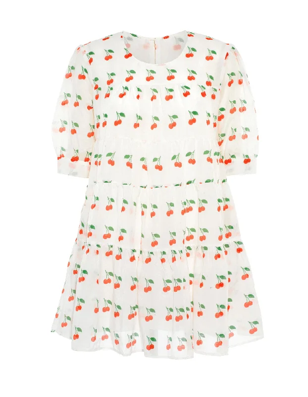 Deal Frenzy Sadie White Cherry Print Silk Voile Dress