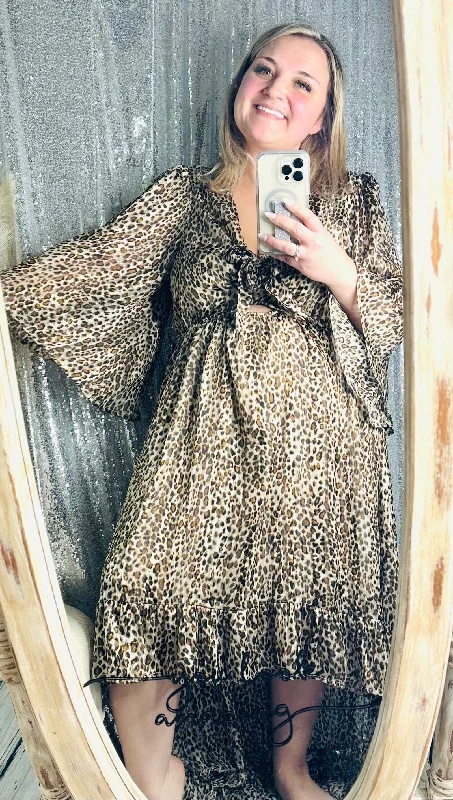 Exclusive Deal Leopard Ruffle Belle Sleeve High Low Maxi Dress