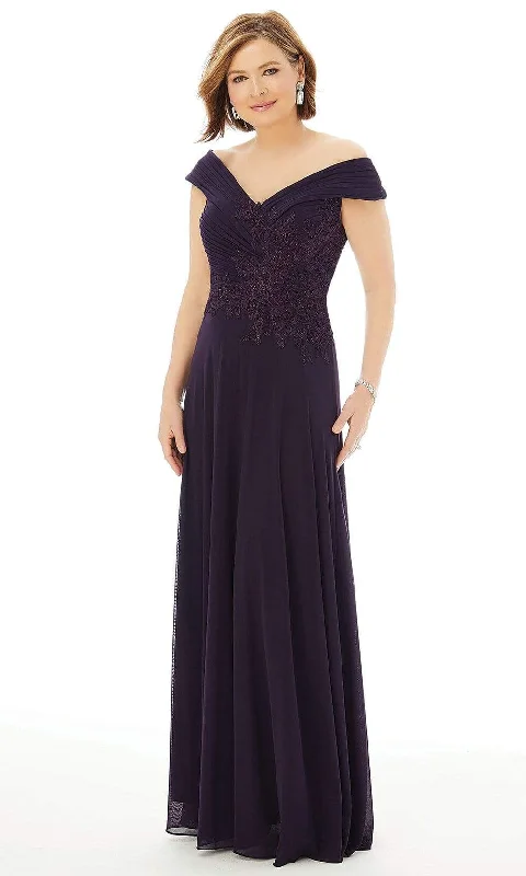 Special Buy MGNY By Mori Lee - 72229 Appliqued Pleated Off Shoulder A-Line Gown