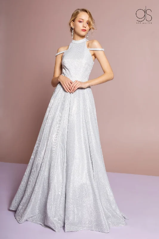 Customer Appreciation Sale High Neck Cold Shoulder Glitter Crepe Gown by Elizabeth K GL2664