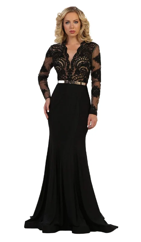 Instant Discount May Queen - Lace Bodice Scalloped V-Neck Trumpet Dress RQ7624 - 1 pc Black in size 8 Available