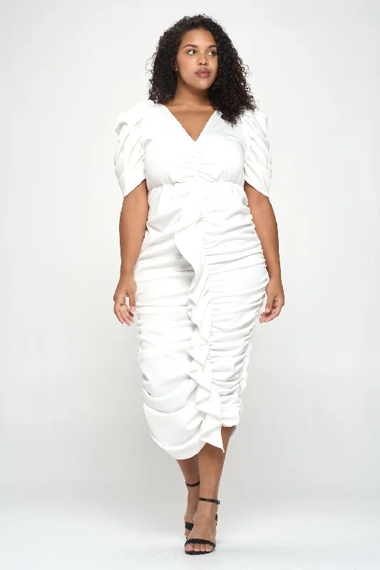 Fantastic Offers Ruched V Neck Midi Dress