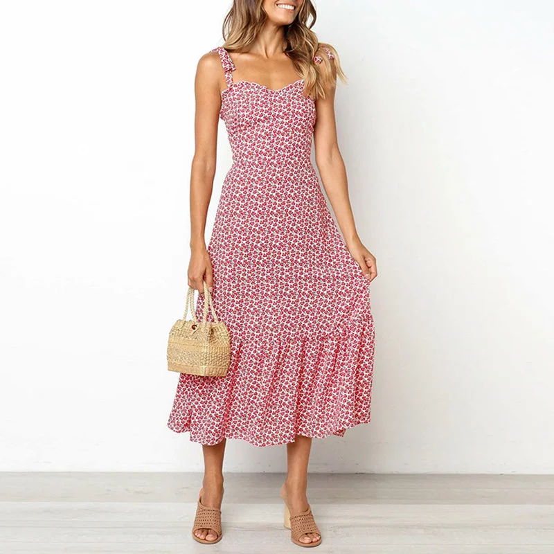Year-End Sale Women's Summer Casual Midi Lace-Up Dress With Print