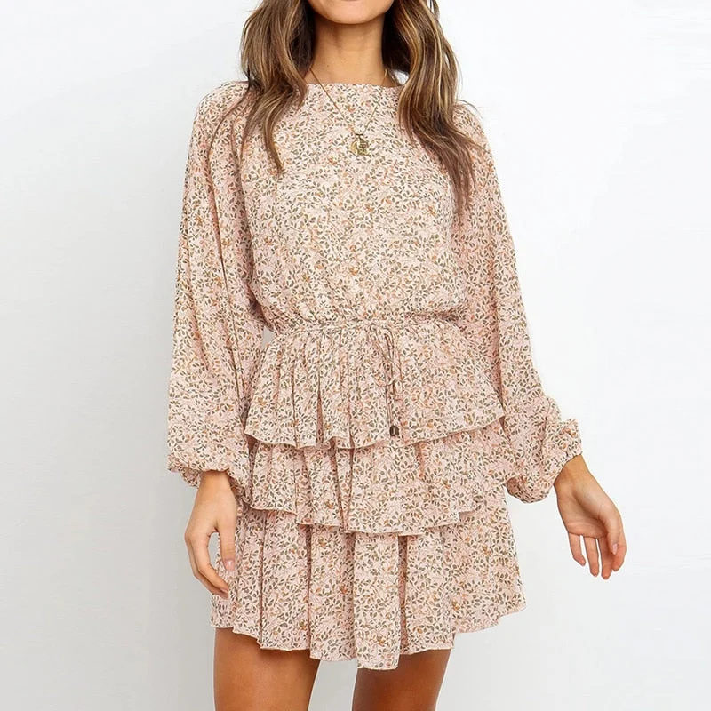 Act Fast Women's Summer Ruffled Long-Sleeved Mini Dress With Print