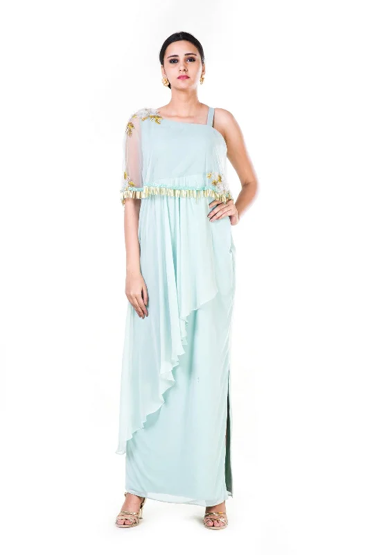 Deal Zone Blush Green Single Shoulder Cape Fringe Work Gown