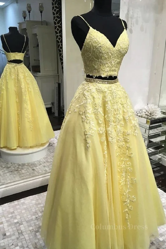 Online Only Two Pieces V Neck Yellow Lace Long Corset Prom Dresses, 2 Pieces Yellow Corset Formal Dresses, Yellow Lace Evening Dresses outfit Online Only Two Pieces V Neck Yellow Lace Long Corset Prom Dresses, 2 Pieces Yellow Corset Formal Dresses, Yellow Lace Evening Dresses outfit