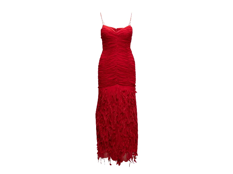 One-DAY Sale Red Pamela Roland Feather-Trimmed Silk Evening Dress Size US 6