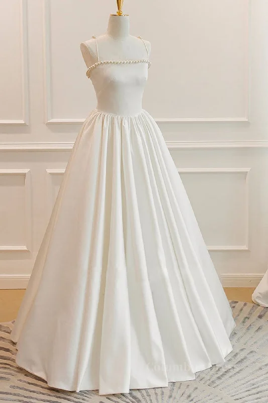 Exclusive Deal Thin Straps Open Back Ivory Satin Long Corset Prom Dresses with Pearls, Long Ivory Corset Formal Graduation Evening Dresses outfit