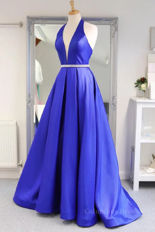Super Bargain Halter V Neck Backless Blue Long Corset Prom Dresses with Belt, Backless Blue Corset Formal Evening Dresses outfit Super Bargain Halter V Neck Backless Blue Long Corset Prom Dresses with Belt, Backless Blue Corset Formal Evening Dresses outfit