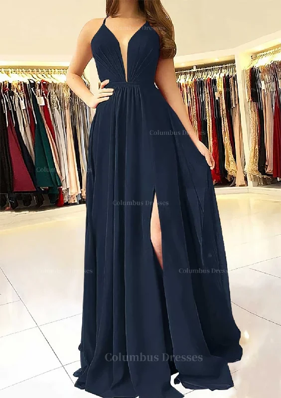 Clearance Sale A-line/Princess Scalloped Neck Sleeveless Long/Floor-Length Chiffon Prom Dress With Split