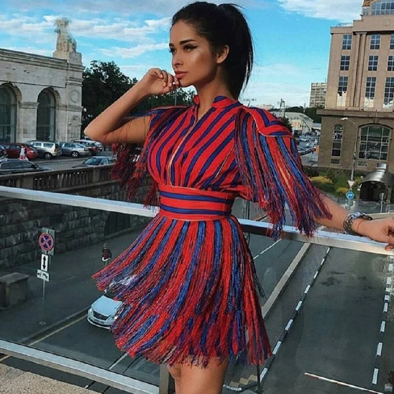 One-DAY Sale Women's Summer Short-Sleeved Striped Mini Dress With Tassels