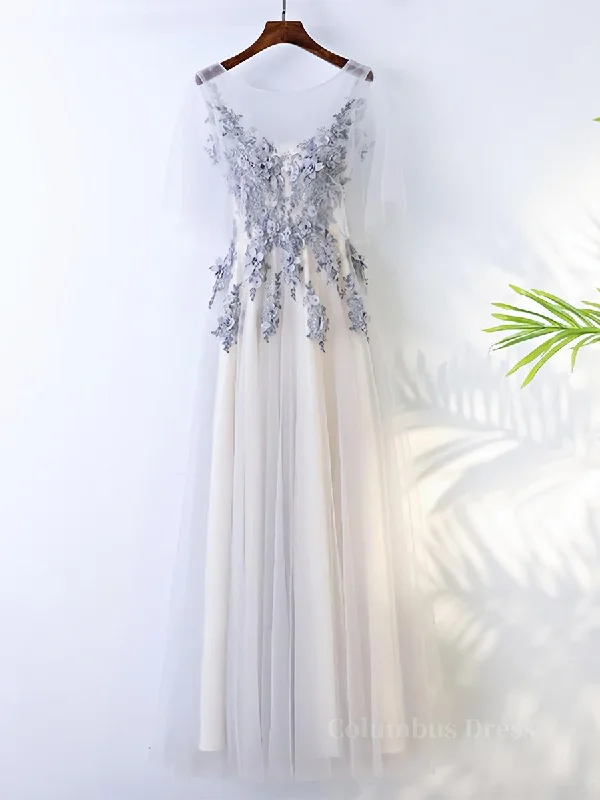 Best Seller A Line Round Neck Half Sleeves Gray Lace Corset Prom Dresses, Gray Floral Long Corset Formal Evening Dresses outfit Best Seller A Line Round Neck Half Sleeves Gray Lace Corset Prom Dresses, Gray Floral Long Corset Formal Evening Dresses outfit