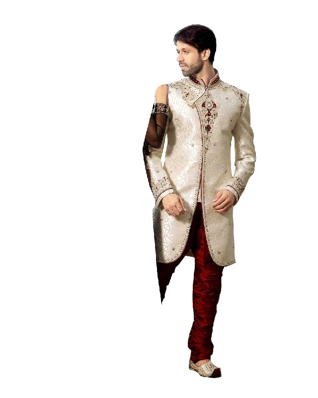 Stock Clearance White & Maroon Dupioni Silk Indian Wedding Indo-Western Sherwani For Men Stock Clearance White & Maroon Dupioni Silk Indian Wedding Indo-Western Sherwani For Men