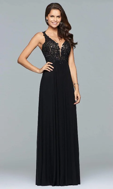 Clearance Sale Faviana - 8000 Lace Appliqued Long Mesh V-Neck Dress
