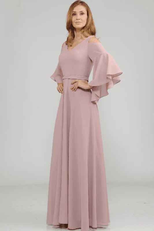 YEAR-End Clearance Long Cold Shoulder Dress with Bell Sleeves by Poly USA 8300