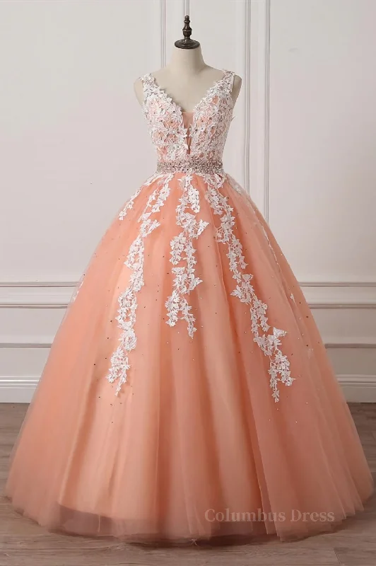 YEAR-End Clearance Gorgeous V Neck Open Back Coral Lace Floral Long Corset Prom Dress, Coral Lace Corset Formal Dress, Coral Evening Dress with Appliques Gowns YEAR-End Clearance Gorgeous V Neck Open Back Coral Lace Floral Long Corset Prom Dress, Coral Lace Corset Formal Dress, Coral Evening Dress with Appliques Gowns