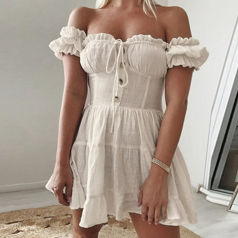 Online Only Women's Summer Off-Shoulder Lace-Up Ruffled Mini Dress