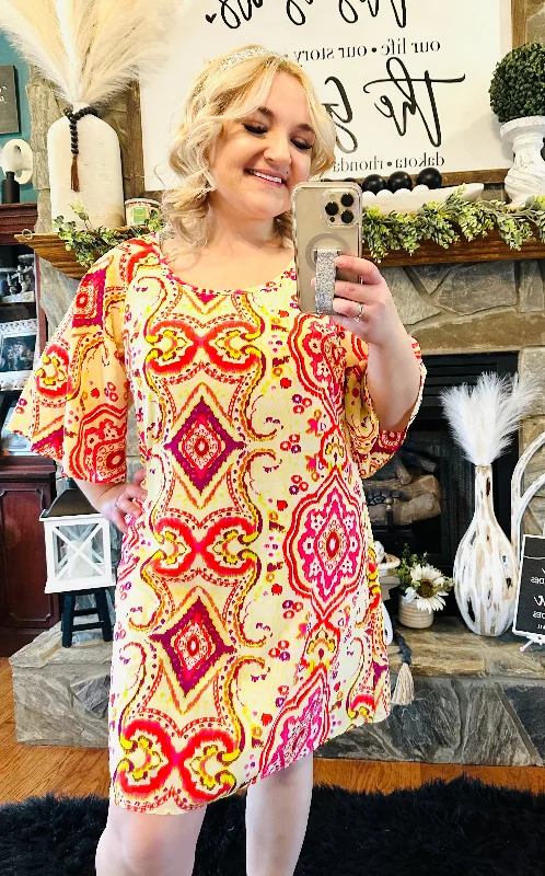 Low Prices Peach Love - Neon Yellow Patterned Dress