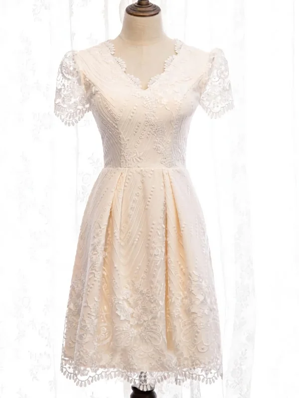 Exclusive Online Offer Short Sleeves Short Champagne Lace Corset Prom Dresses, Short Champagne Lace Corset Formal Corset Wedding Dresses outfit