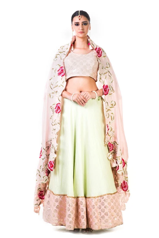 Closeout Green Silk Lehenga With A Brocade Blouse And Multi colorHabutai Silk Dupatta Closeout Green Silk Lehenga With A Brocade Blouse And Multi colorHabutai Silk Dupatta
