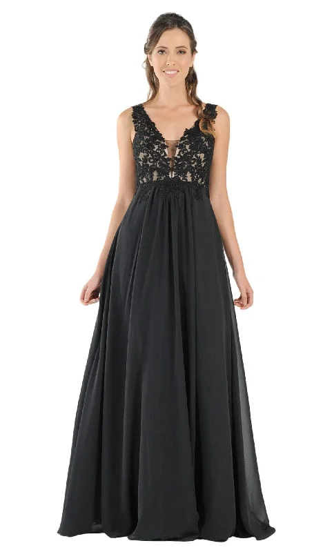 Discount Mania Poly USA - 8012 Embellished Lace Deep V-Neck Chiffon A-Line Dress