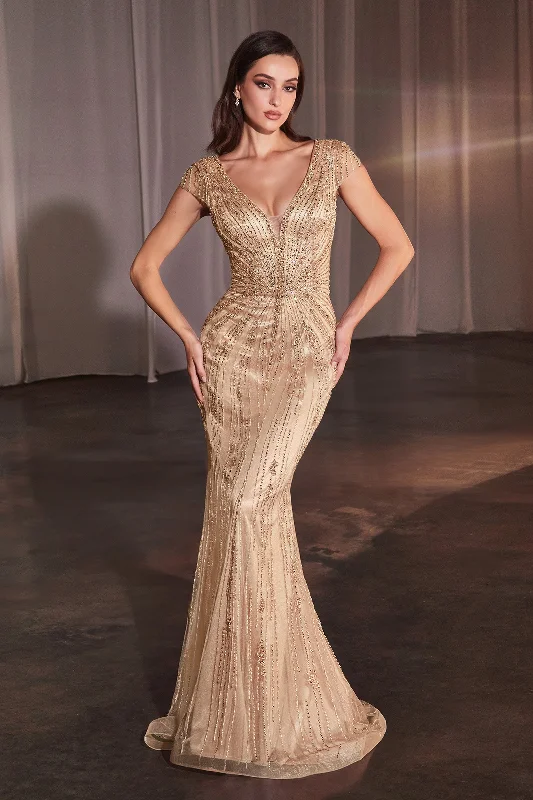Today Only Beaded Fitted Short Sleeve Gown by Ladivine CZ0029