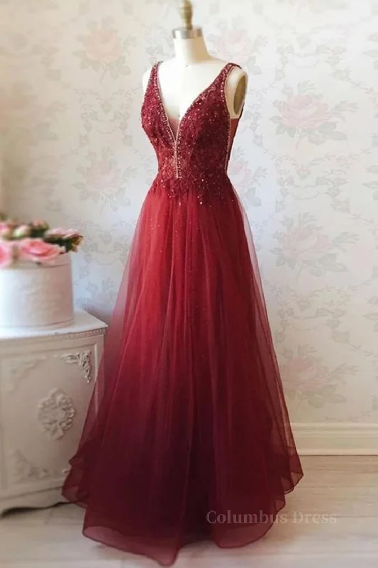 Savings Event V Neck and V Back Burgundy Lace Long Corset Prom Dresses, Open Back Burgundy Corset Formal Dresses, Burgundy Lace Evening Dresses outfit