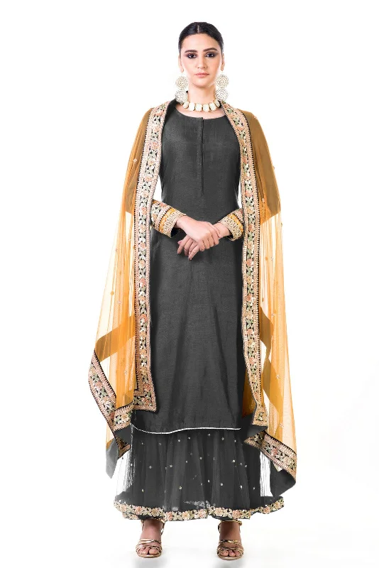 Year-End Sale Grey Double Layer Dress With Beige Dupatta