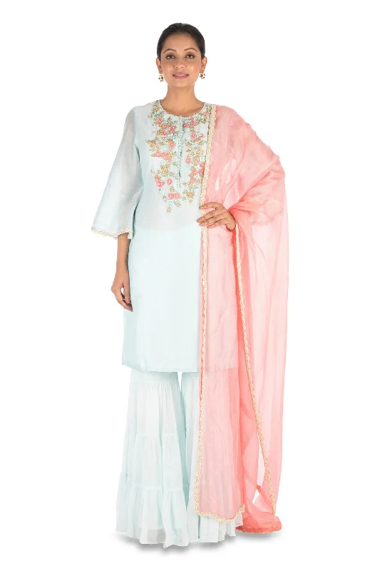 Overstock Hand Embroidered Powder Blue Three Layer Sharara Set.