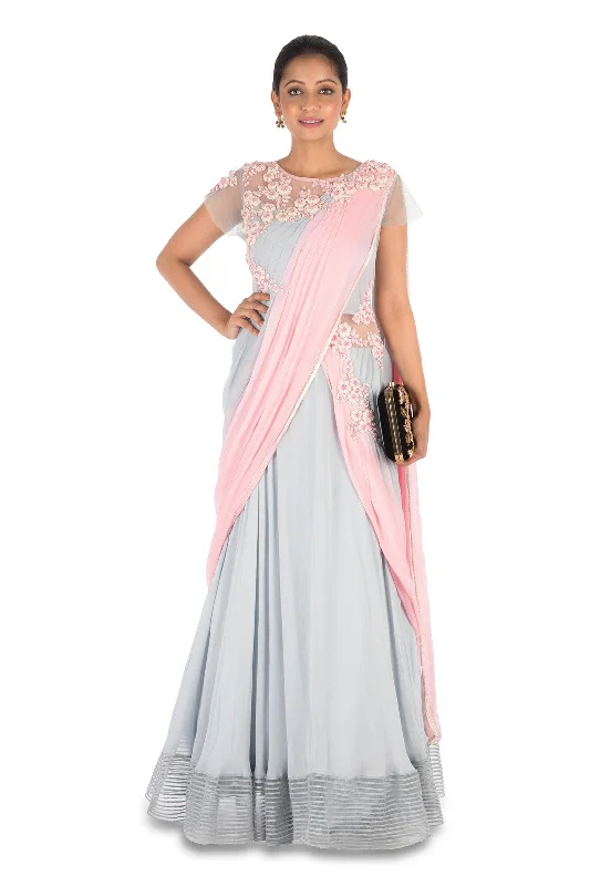 Deal Alert Hand Embroidered Pastel Pink & Grey Gown Saree