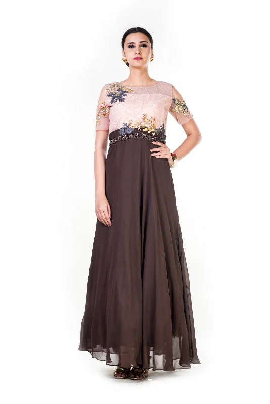 Buy Now Hand Embroidered Peach & Brown Cold Shoulder Gown