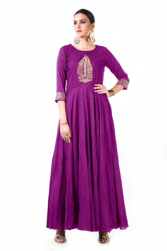 Buy More, Save More Purple Leaf Hand Embroidered Silk Anarkali Gown