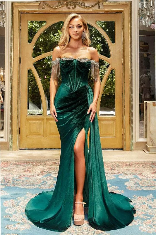 Price Cut Portia and Scarlett PS22193 - Bead Fringed Off Shoulder Gown
