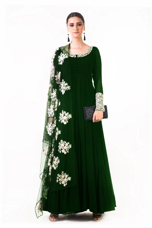 Doorbuster Deal Bottle Green Ari Dress With Ari Work Net Dupatta