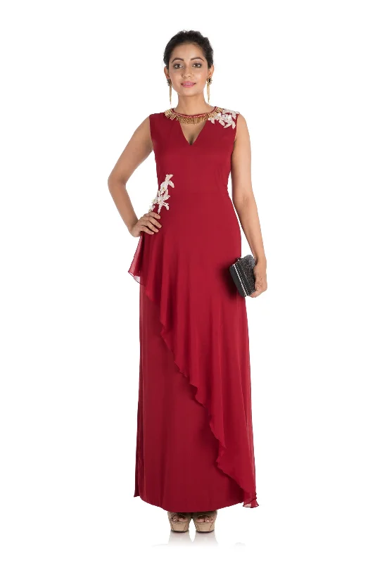 Seasonal Sale Hand Embroidered Crimson Red Long Dress