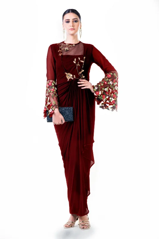 Epic Deals Maroon Embroidered Bell Sleeves Draped Dress