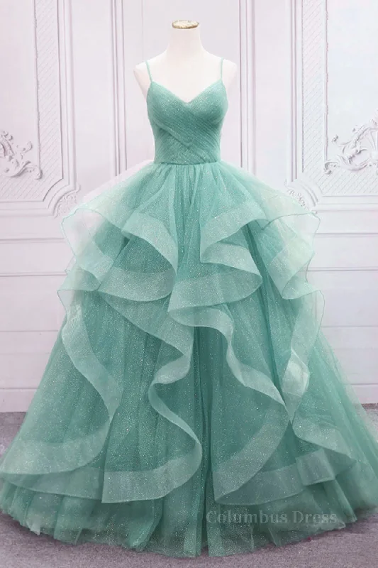 Special Promotion V Neck Open Back Fluffy Green Tulle Long Corset Prom Dresses, Green Corset Formal Evening Dresses, Corset Ball Gown outfits
