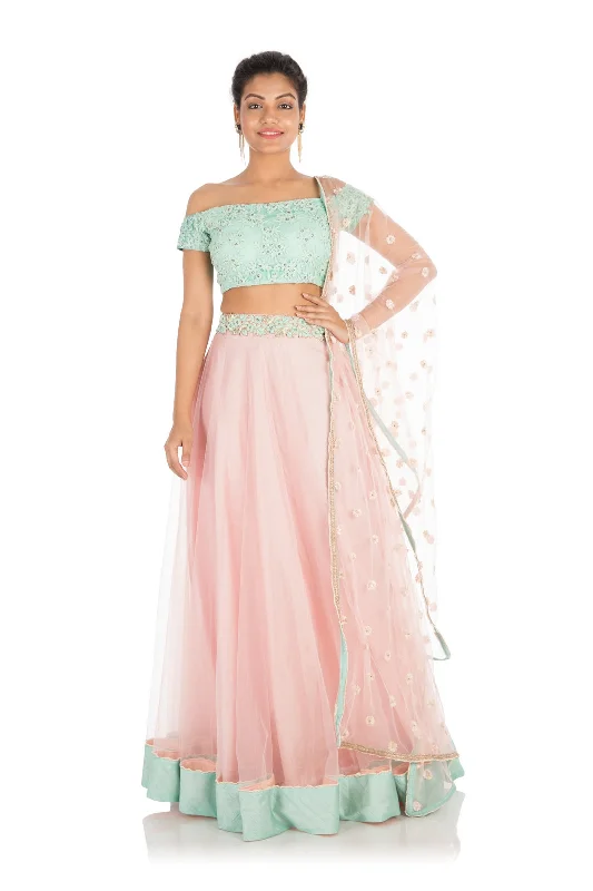 Price Break Hand Embroidered Blush Pink & Aqua Off Shoulder Lehega Set