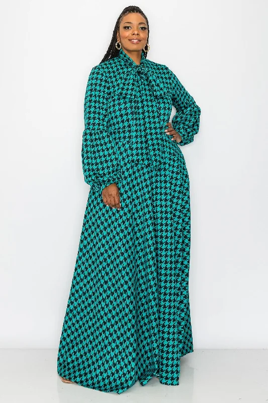 Massive Deals Houndstooth Bella Donna with Ribbon and Puff Sleeves