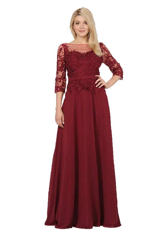 Price Rollback Long Chiffon Dress with Sheer Lace Sleeves by Poly USA 7598
