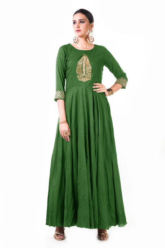 Mega Sale Bottle Green Leaf Hand Embroidered Silk Anarkali Gown