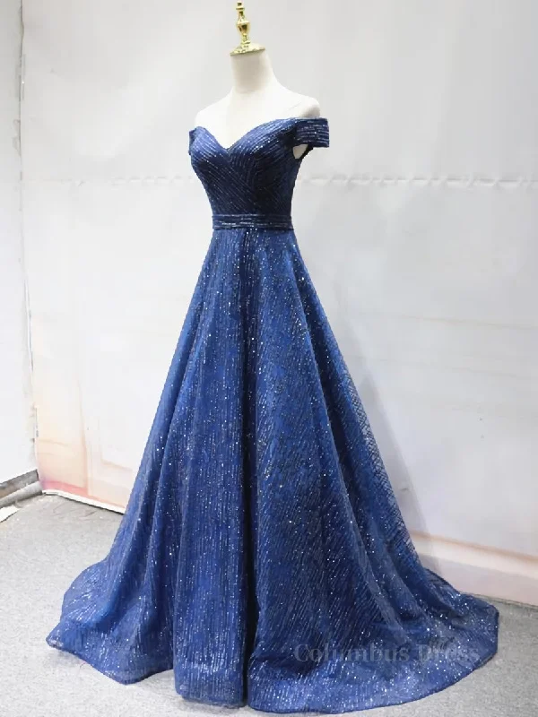 Online Specials Shiny Off the Shoulder Navy Blue Long Corset Prom Dresses, Off Shoulder Blue Corset Formal Evening Dresses outfit