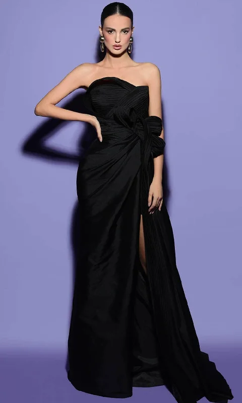 Quick Sale Tarik Ediz 98433 -Pleated Bodice Bow Detailed Evening Gown