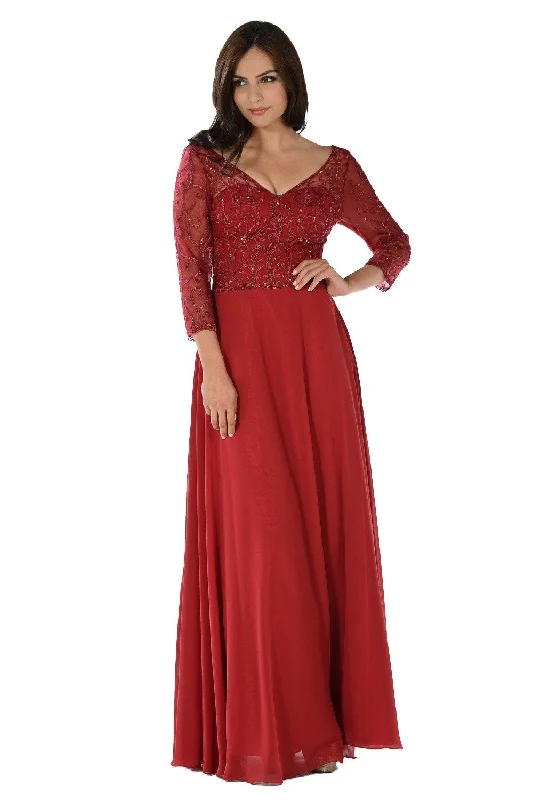 Unbeatable Prices Embroidered Long V-Neck Dress with Sleeves by Poly USA 7808