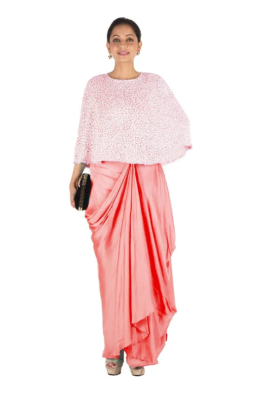 Exclusive Savings Hand Embroidered Peach Drape Skirt & Cape Set